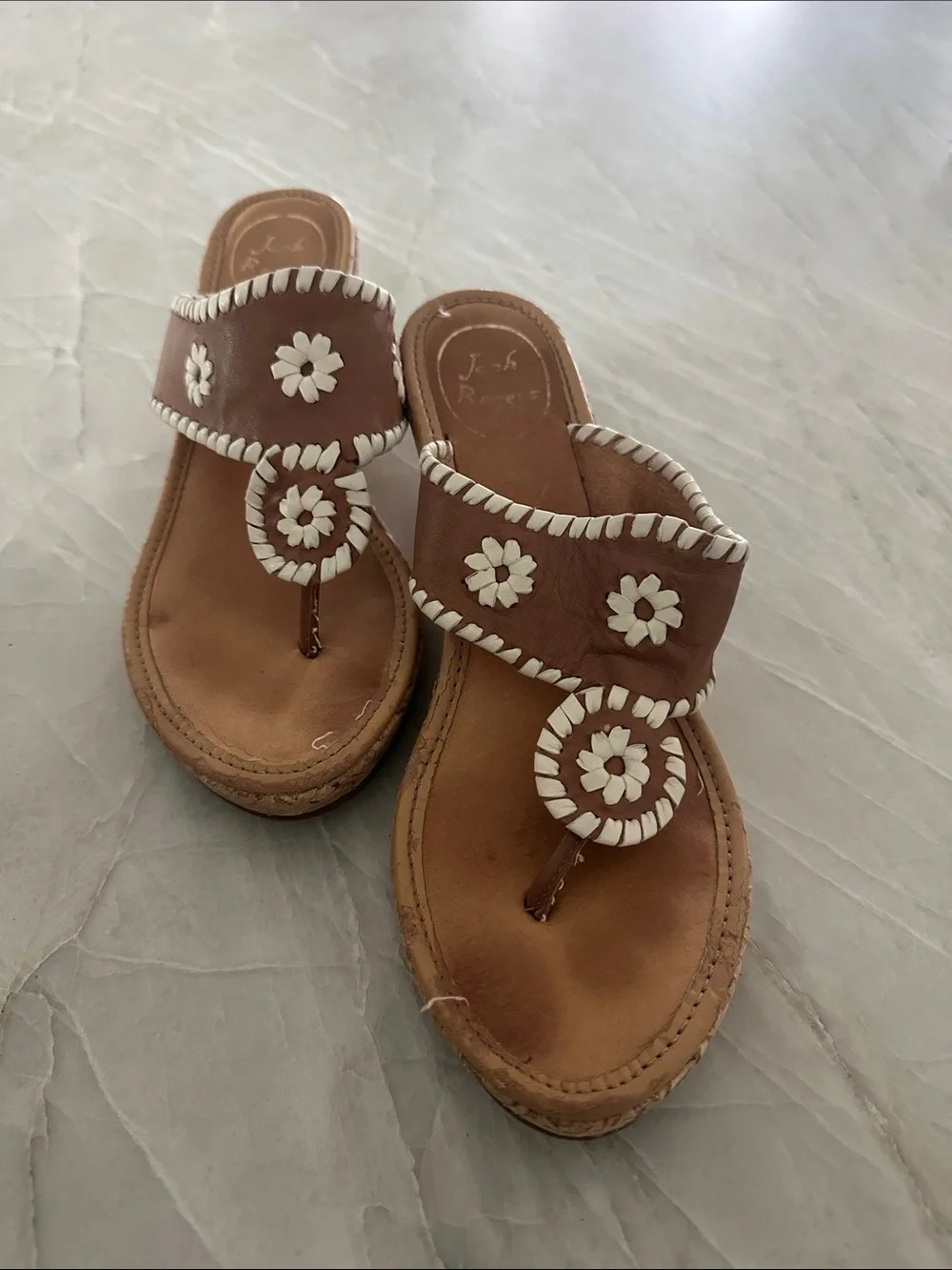 Jack Rogers Brown Leather Floral Thong Sandals - Women's Slip-On